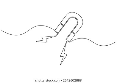Continuous one line drawing of Magnet. Single line drawing illustration of Magnet with lightning icon. Horseshoe Magnet concept vector art. Doodle line illustration.
