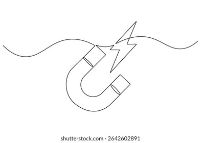 Continuous one line drawing of Magnet. Single line drawing illustration of Magnet with lightning icon. Horseshoe Magnet concept vector art. Doodle line illustration.
