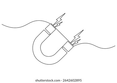 Continuous one line drawing of Magnet. Single line drawing illustration of Magnet with lightning icon. Horseshoe Magnet concept vector art. Doodle line illustration.