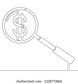 Continuous one line drawing magnifier and dollar icon vector illustration concept