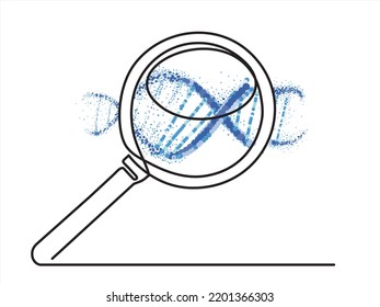 Continuous one line drawing of magnifying glass with dna. Vector illustration