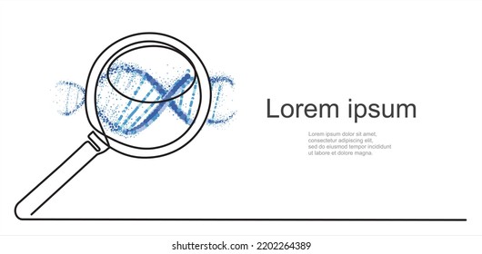 Continuous one line drawing of magnifying glass with dna. Vector illustration.  Can used for logo, emblem, slide show and banner. 