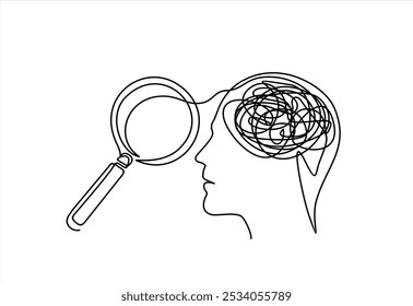 Continuous one line drawing of magnifying glass and confused feelings and thoughts in head. Psychology concept. Looking for mental health problem. Vector illustration mental pressure treatment.