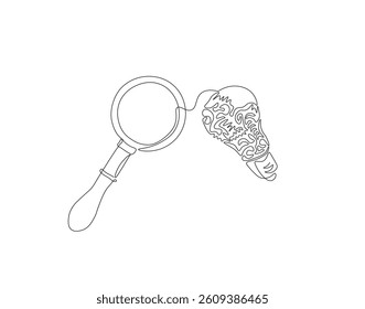 Continuous one line drawing of magnifying glass with lamp bulb. One line drawing illustration of magnifying glass and lamp bulb connected. Business idea concept single line. Editable outline