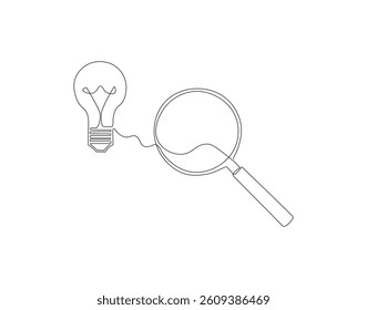 Continuous one line drawing of magnifying glass with lamp bulb. One line drawing illustration of magnifying glass and lamp bulb connected. Business idea concept single line. Editable outline