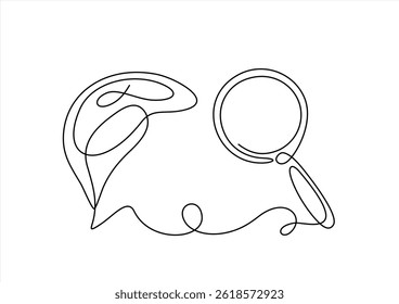 Continuous one line drawing of magnifying glass and confused feelings and thoughts in head. Psychology concept. Looking for mental health problem. Mental pressure treatment.  Editable stroke.