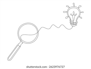 Continuous one line drawing of magnifying glass with lamp bulb. One line drawing illustration of magnifying glass and lamp bulb connected. Business idea concept single line. Editable outline