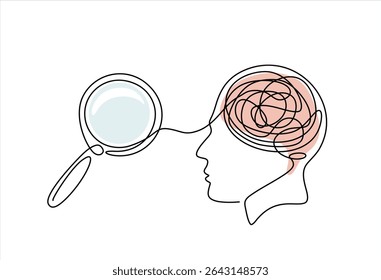 Continuous one line drawing of magnifying glass and confused feelings and thoughts in head.Psychology concept. Looking for mental health problem. Mental pressure treatment. Hand drawn.Editable stroke	