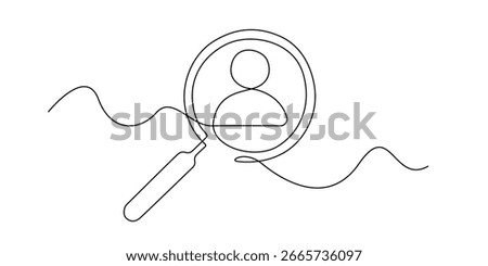 Continuous one line drawing of a magnifying glass focusing on a person icon. Minimalist outline style symbolizing user search, recruitment, human resources, or profile identification