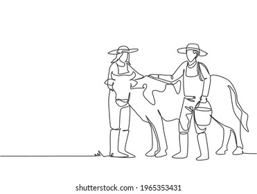Continuous one line drawing male farmer rubbing the cow while carrying a bucket of water. Female farmers helped. Success farming minimalist concept. Single line draw design vector graphic illustration