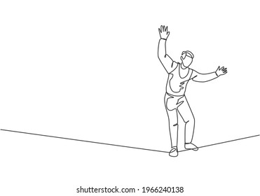 Continuous one line drawing a male acrobat walking on a rope while dancing and raising his hands. This attraction requires courage and agility. Single line draw design vector graphic illustration.