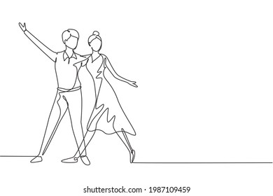Continuous one line drawing male female professional dancer couple dancing tango, waltz dances together on dancing contest dancefloor. Fun activity. Single line draw design vector graphic illustration