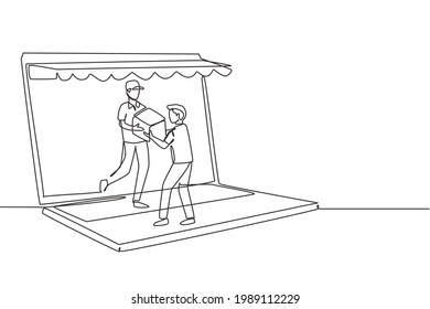 Continuous one line drawing male courier comes out of canopy monitor screen and gives package box to male customer. Fast respond delivery concept. Single line draw design vector graphic illustration