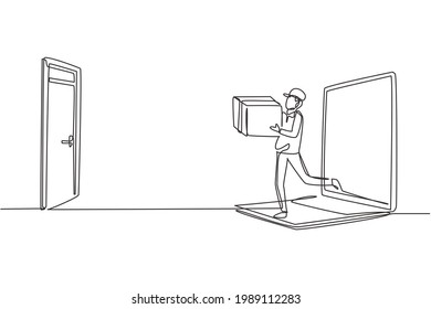Continuous one line drawing male courier comes out of laptop screen while carrying package box to customer's door. Online delivery service concept. Single line draw design vector graphic illustration