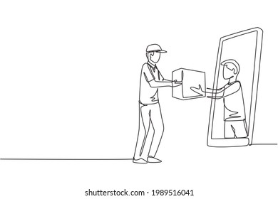 Continuous one line drawing male customer receives boxed package, through smartphone screen from male courier. Online delivery service concept. Single line draw design vector graphic illustration