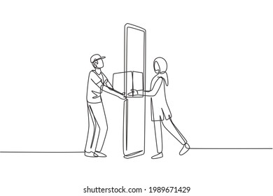 Continuous one line drawing male courier delivers box package, through smartphone screen to hijab female customer. Online delivery service concept. Single line draw design vector graphic illustration