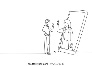 Continuous one line drawing male patient holding smartphone standing facing giant smartphone and consulting female doctor. Doctor online concept. Single line draw design vector graphic illustration