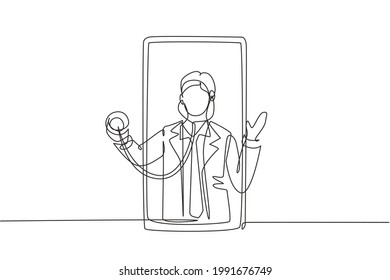 El dibujo continuo de una línea de un médico macho sale de la pantalla del smartphone sosteniendo el estetoscopio. Servicios médicos en línea, concepto de consulta médica. ilustración vectorial de diseño de línea única