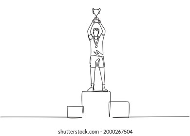 Continuous one line drawing male athlete wearing sports jersey lifting golden trophy with both hands on podium. Celebrating victory of championship. Single line draw design vector graphic illustration