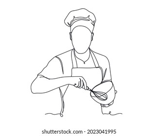 Continuous one line drawing of male chef or cook baker man in silhouette on a white background. Linear stylized.Minimalist.