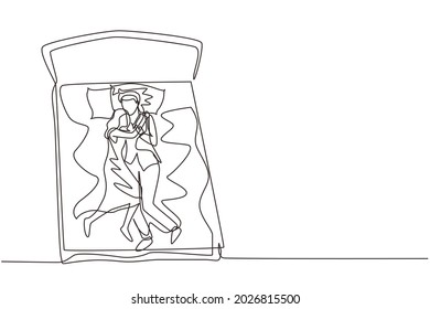 Continuous one line drawing male and female couple embracing affectionately in bed, men and women sleeping on bed while hugging lovingly, sleeping pose of lover. Single line draw design vector graphic