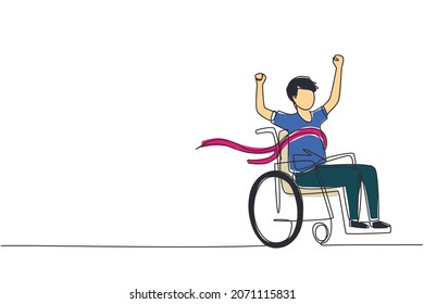 Continuous one line drawing male young wheelchair user crossing red finish line. Happy winner, successful champion. Society, disabled people community. Single line draw design vector illustration