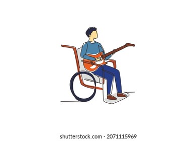 Kontinuierlich eine Linie Zeichnung männlich sitzt Rollstuhl spielen elektrische Gitarre, singen Lied. Körperlich behindert. Gitarrist Person im Krankenhauszimmer. Vektorgrafik-Illustration mit Einzelzeilenzeichnung