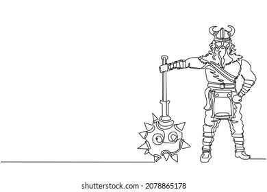 Continuous one line drawing male viking with strong physique, bellicose air stands holding mace. Norseman warrior wearing horned helmet with beard holding mace. Single line draw design vector graphic