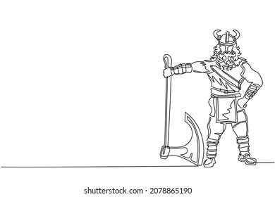 Continuous one line drawing male viking with strong physique and bellicose air stands holding axe. Norseman warrior wearing horned helmet with beard holding axe. Single line draw design vector graphic