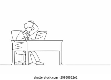 Continuous one line drawing male manager working on computer laptop. Businessman with question mark over head scratches back of his head sitting in front of laptop. Single line design vector graphic