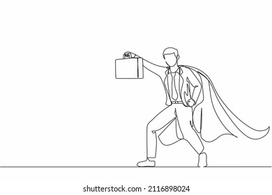 Continuous one line drawing male businessman superhero standing with suitcase. Portrait of young office worker. Office, business, employee concept. Single line draw design vector graphic illustration