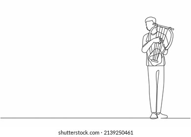 Continuous one line drawing male musician playing musical lyre. Classical music orchestra man artist with music instrument. Professional musician performs on stage. Single line graphic design vector