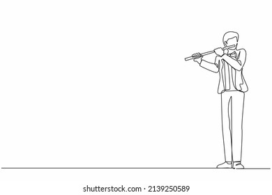 Continuous one line drawing male musician playing flute  standing in suit  Flutist performing classical music wind instrument  Solo performance talented flautist  Single line draw design vector
