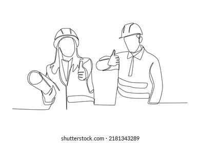 Continuo dibujo de una línea de obreros de la construcción hombres y mujeres con sombrero duro que muestra el golpe. Concepto del día de los ingenieros. Ilustración gráfica vectorial de diseño de líneas simples.