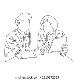 Continuous one line drawing of male CEO explaining business process and Communication and Project management concept. Single line draw design vector graphic illustration.