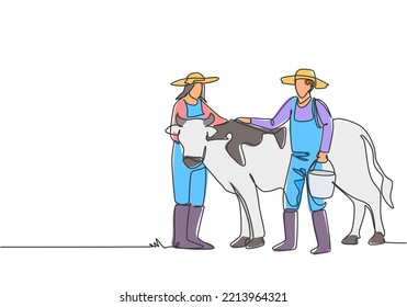 Continuous one line drawing male farmer rubbing the cow while carrying a bucket of water. Female farmers helped. Success farming minimalist concept. Single line draw design vector graphic illustration