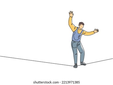 Continuous one line drawing a male acrobat walking on a rope while dancing and raising his hands. This attraction requires courage and agility. Single line draw design vector graphic illustration.