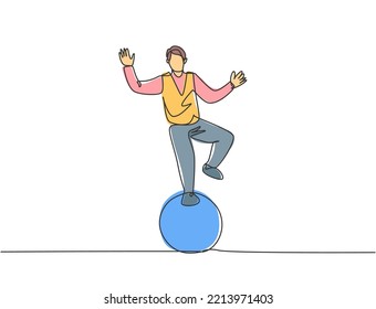 Continuous one line drawing a male acrobat performs a standing stunt with one foot on a circus ball while performing a dance. Interesting for the audience. Single line draw design vector illustration.