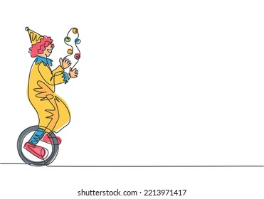 Continuous one line drawing a male clown juggling on a bicycle. The playing clown was very funny and entertained the audience. Circus show event. Single line draw design vector graphic illustration.