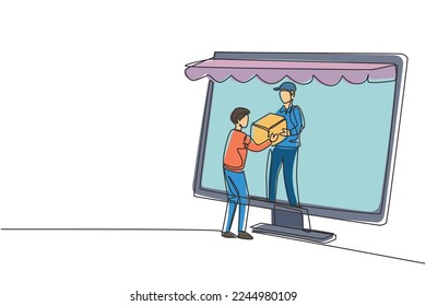 El mensajero masculino de dibujo continuo de una línea sale de la pantalla del monitor del dosel forestal y proporciona la caja del paquete al cliente masculino. Concepto de entrega de respuesta rápida. ilustración vectorial de diseño de línea única