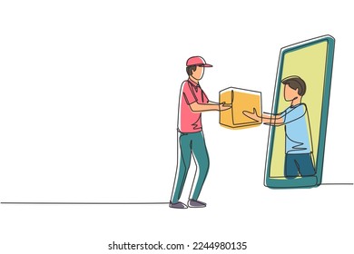 Continuous one line drawing male customer receives boxed package, through smartphone screen from male courier. Online delivery service concept. Single line draw design vector graphic illustration