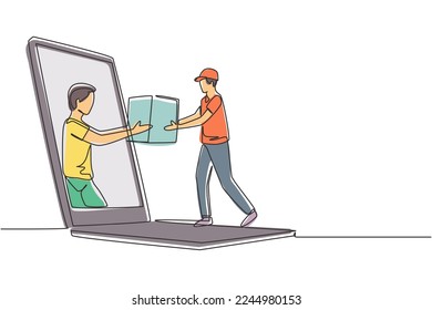 Continuous one line drawing male customer receives boxed package, through laptop screen from male courier. E-shop. Online delivery service concept. Single line draw design vector graphic illustration