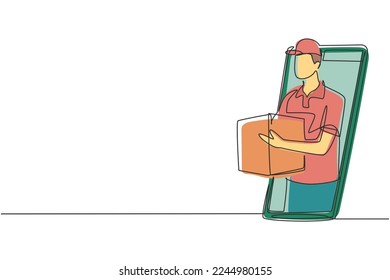 Continuous one line drawing male courier delivers box package, through smartphone screen. E-commerce. Online delivery service. Fast delivery parcel concept. Single line draw design vector illustration