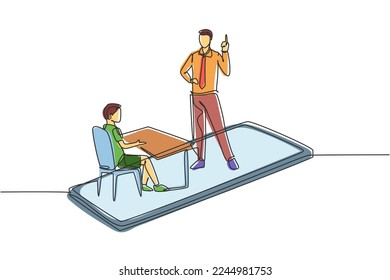 Continuous one line drawing male teacher teaching male junior high school student who sits on bench around desk and studies on smartphone. Single line draw design vector graphic illustration