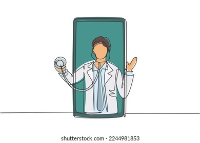 Kontinuierlich eine Linie zeichnen männliche Arzt kommt aus Smartphone-Bildschirm halten Stethoskop. Online-medizinische Dienste, medizinisches Beratungskonzept. Vektorgrafik-Illustration mit Einzelzeilenzeichnung