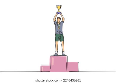 Continuous one line drawing male athlete wearing sports jersey lifting golden trophy with both hands on podium. Celebrating victory of championship. Single line draw design vector graphic illustration