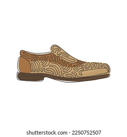 Continuous one line drawing male black leather shoes. Comfortable footwear. Men's shoes picture that fit into fashion of the year. Swirl curl style. Single line draw design vector graphic illustration