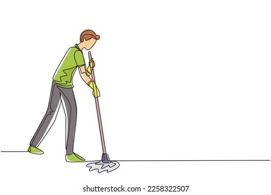 Continuous one line drawing male mopping floor at office. Cleaning workers. Professional cleaning staff, domestic cleaner worker and cleaners equipment. Single line draw design vector illustration