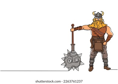 Continuous one line drawing male viking with strong physique, bellicose air stands holding mace. Norseman warrior wearing horned helmet with beard holding mace. Single line draw design vector graphic