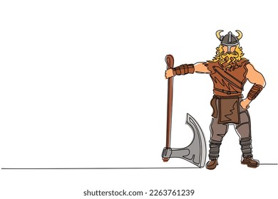 Continuous one line drawing male viking with strong physique and bellicose air stands holding axe. Norseman warrior wearing horned helmet with beard holding axe. Single line draw design vector graphic